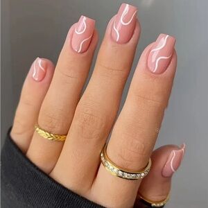 Medium Length Square Tipped Pink & White Design, Press On Nails Kit, NIB